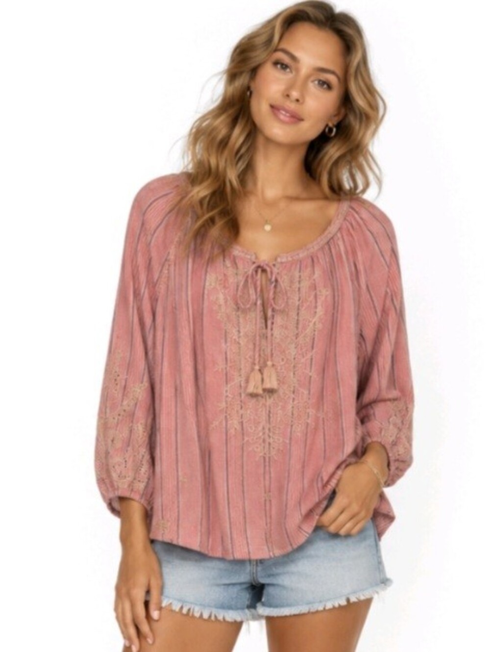Johnny Was Blouse Pink Eyelet Embroidered Peasant Size M